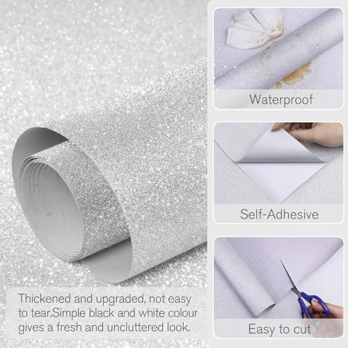 Image of Silver Glitter Wallpaper Stick and Peel Contact Paper Decorative Self Adhesive for Cricut Sticker Paper Window Christmas Decor Letters Mugs Craft Project 16 x 120 Inch
