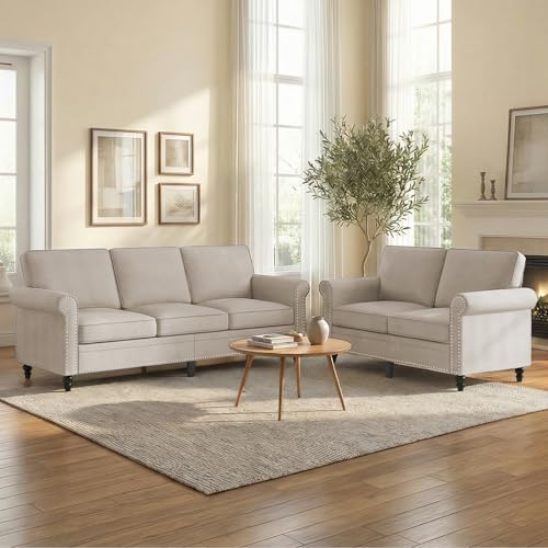 Mjkone 2 Pieces Living Room Sofa Set, Couch and Loveseat Sets, Modern Linen Sofa Couch Furniture Set with Wood Frame & Gourd Shape Legs, Nailhead Trim Design Sofas Couches for Living Room, Beige