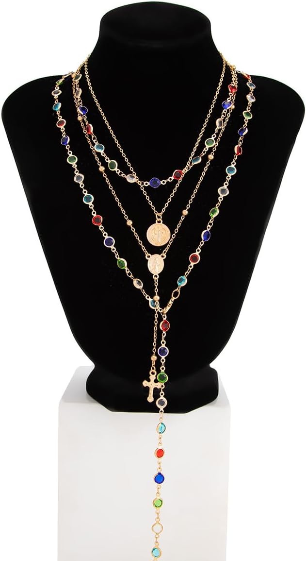 Silver Layered Cross Necklace Set For Women, 4Pcs Pearl Rosary Choker Chunky Christian Pendant Vintage Long Y Gold Necklace Stack Religious Statement Boho Gothic Adjustable Jewelry Gift - Image 6