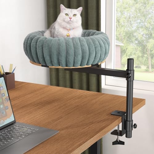 XiaZ Cat Desk Bed Elevated Cat Desk Perch Rotating & Adjustable Desk Mounted Nest, Perfect Cats Table Beds for Working from Home/Office, Dual Mounting Options Desk Top/Under Desk