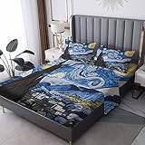 Twin Sheets Set - Van Gogh Starry Night Bed Sheets, Soft Microfiber & Deep Pocket & Wrinkle Free Bedding Sheets & Pillowcases, Vincent Van Gogh Pattern, 1 Fitted Sheet, 1 Flat Sheet, 1 Pillow Case