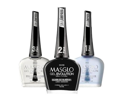MASGLO GEL EVOLUTION - Esmalte de uñas efecto gel, sin lámpara UVLed, duración hasta 12 días, 3 unidades, base, esmalte negro, brillo  Efecto Gel