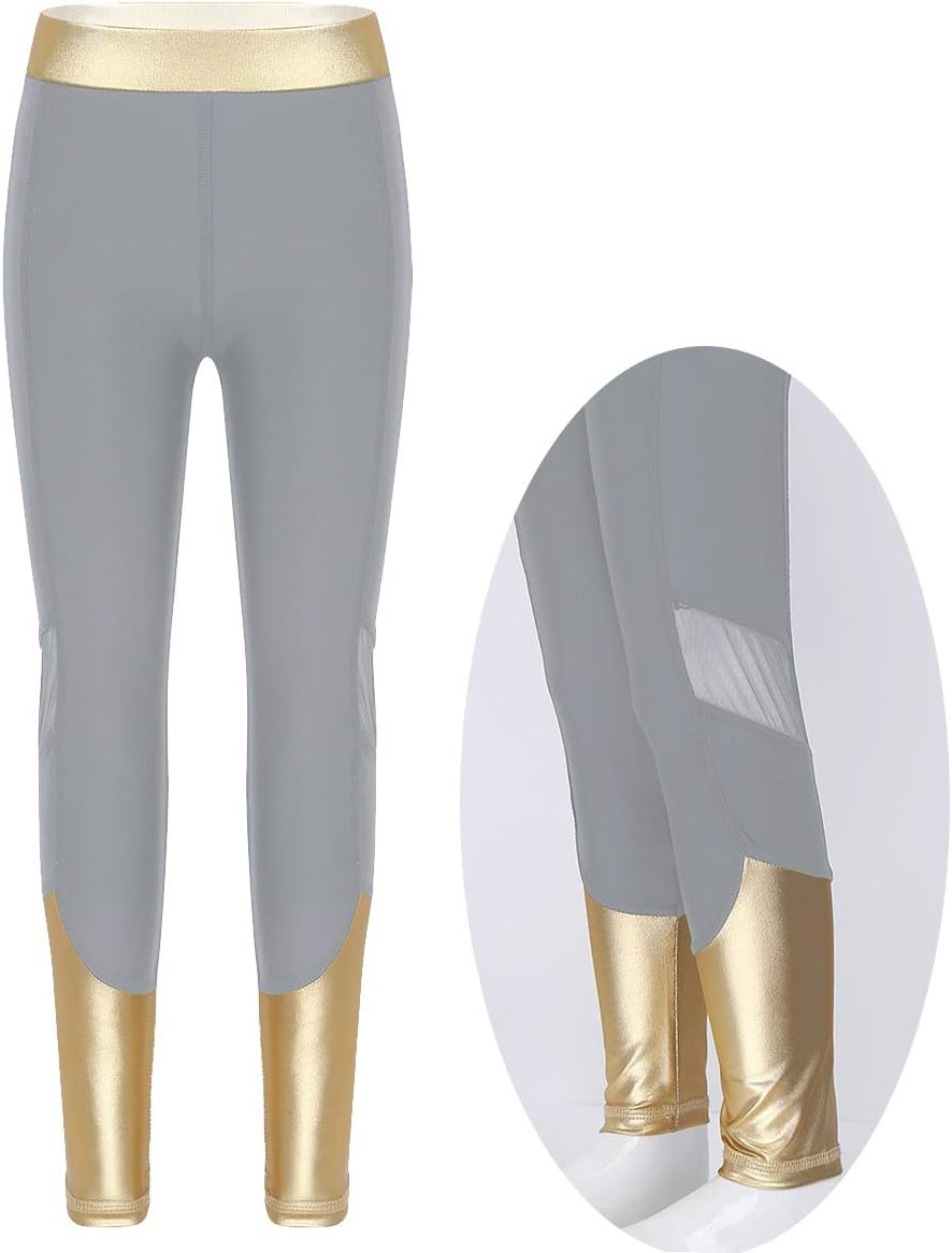 Kaerm Kids Girls Long Leggings Tights Pants Mesh Splice Workout Activewear Yoga Running Gymnastics Wear