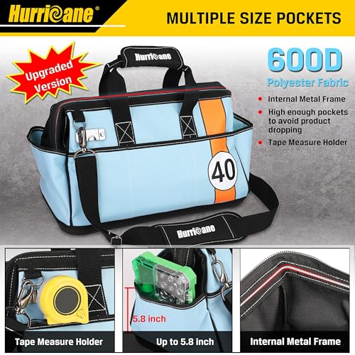 HURRICANE 16 inch Wide Mouth Tool Bag with Water Proof Molded Base with Extra Shoulder Strap, Racing theme-Blue, Multi Pockets, Large Inner Space - Image 2