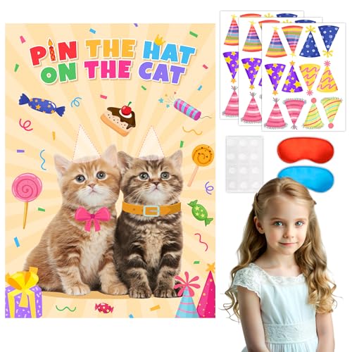 7 Pcs Pin The Hat on The Cat Party Games, Cat Party Banner Poster...