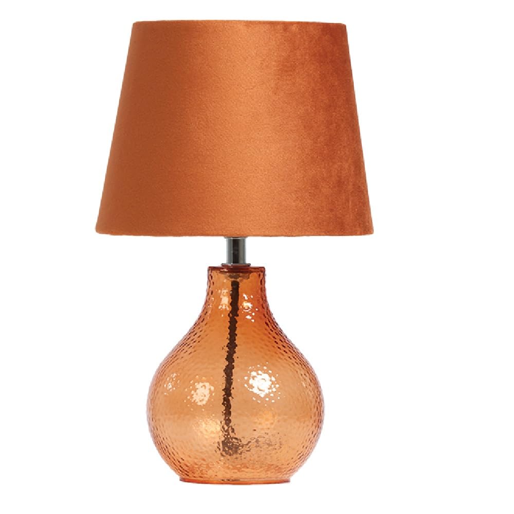 Britalia Orange Satsuma Hammered Glass Modern Table Lamp With Satsuma Velvet Shade | 30Cm Height | In-Line Switch | Uk Approved | Glass Urn Design