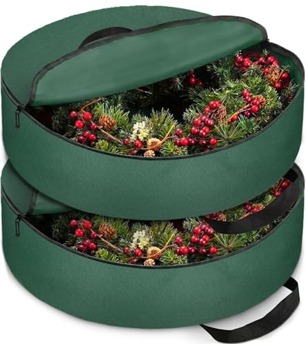 ZOBER 2 Pack Oxford Christmas Wreath Storage Container 36 Inch - Wreath Bag for Artificial Wreaths Box - Waterproof Fabric, Dual Zippered Wreaths Storage Bag With Strong Durable Handles - Green