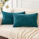 MIULEE Pack of 2 Dark Teal Throw Pillow Covers 12x20 Inch Soft Chenille Pillow Covers for Sofa Living Room Couch Solid Dyed Cases