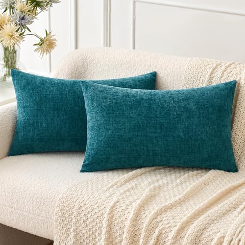 Image of MIULEE Pack of 2 Dark Teal Throw Pillow Covers 12x20 Inch Soft Chenille Lumbar Pillow Covers for Sofa Living Room Couch Solid Dyed Cases