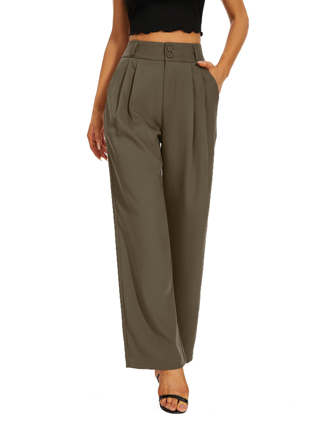 Women High Waist Wide Leg Dress Pants Pleated Front Wide Waistband Elastic Work Casual Long Trousers