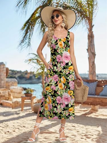 Women's Boho Maxi Dress with Pockets Sleeveless Split Floral Summer Sundress for Beach Vacation - Image 3