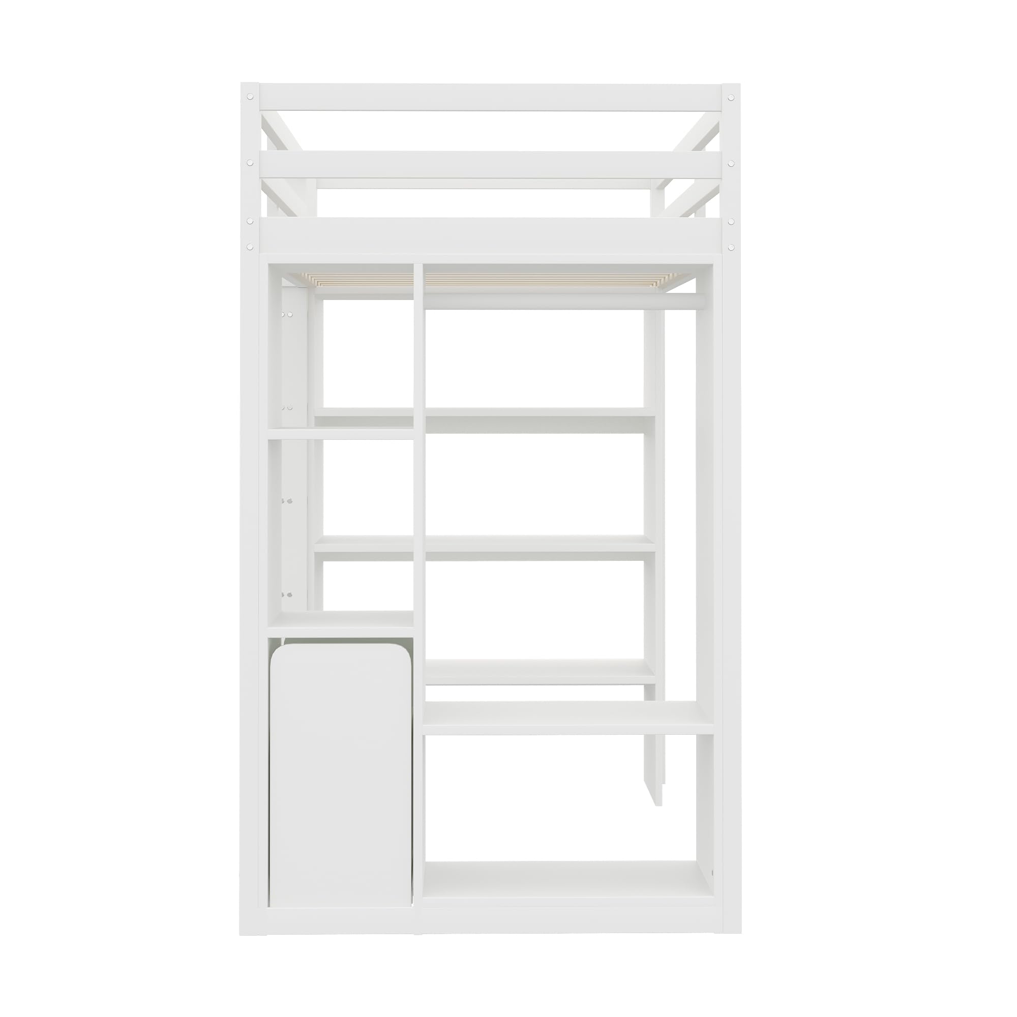 Azkoeesy Cama Individual Alta 90x200 cm, con 3 Grandes estantes de Libros, Perchero, Carro, somier y barandilla, para Adolescentes y Adultos, Madera de Pino, Color Blanco