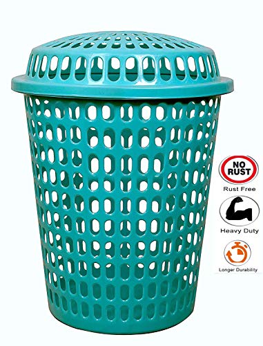 Image of Laundry Basket with Cap - Royal Blue + Light Green Color, Durable (Unbreakable) 50L with 6 Months Warranty (Blue, Light Green)