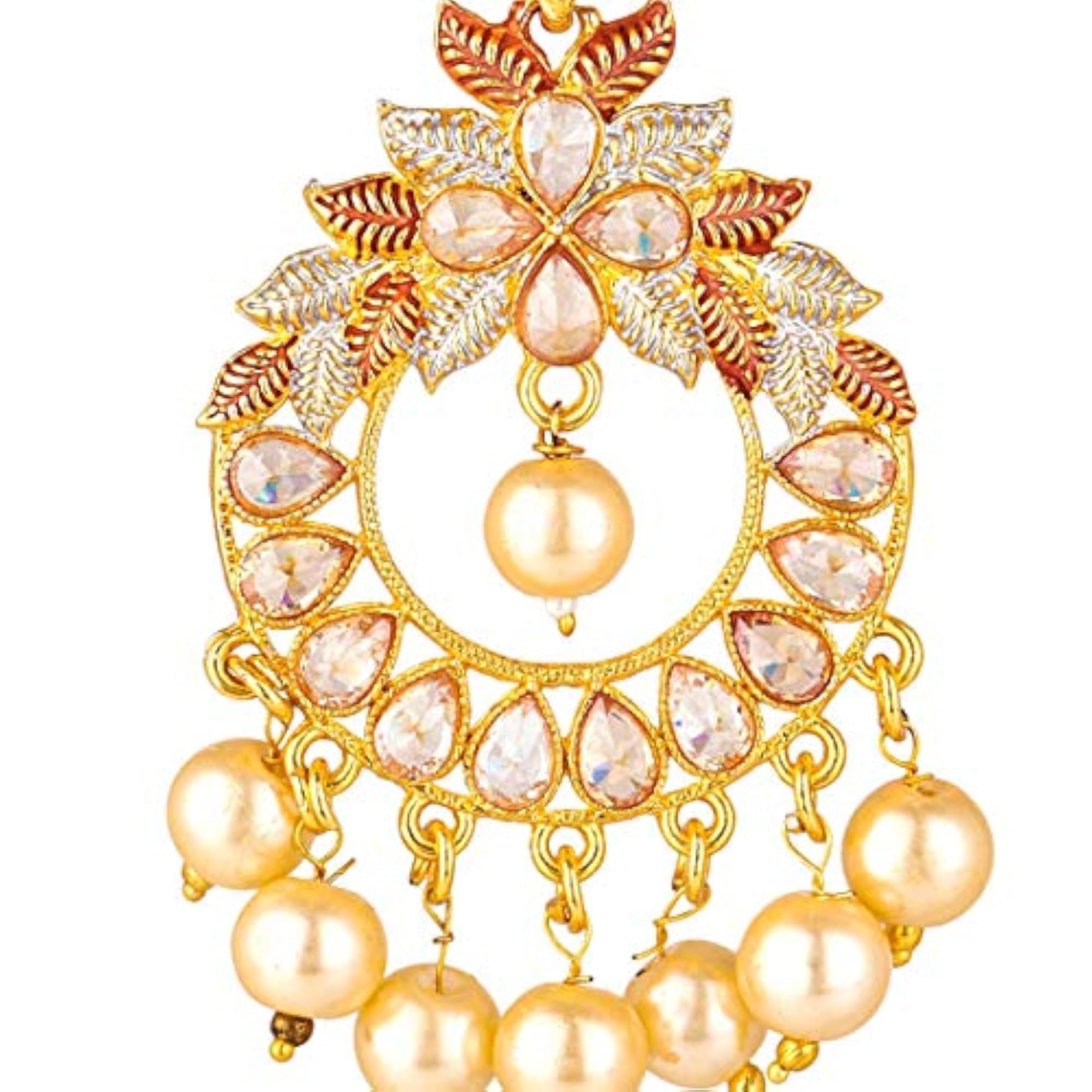 Women's Peacock Style Pearl Drops Kundan Chandbali Earrings