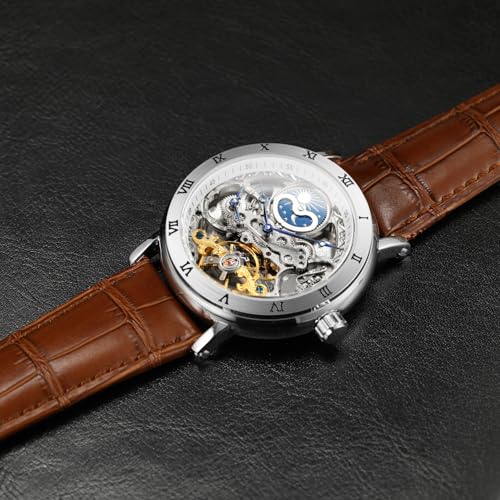 Image of FORSINING Men's Self Winding Automatic Watch Tourbillon Analog Skeleton Movement Moon Phase Wrist Watch with Genuine Leather Strap