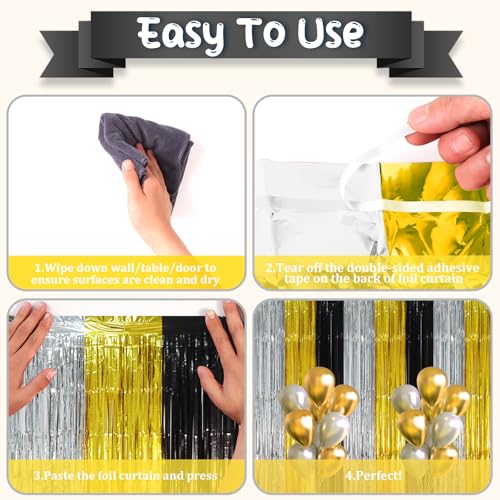Image of Voircoloria 2 Pack Black Gold Silver Foil Fringe Backdrop Curtains, Tinsel Streamers Party Decorations, Fringe Backdrop, Door Shimmer for New Years or Birthday Party