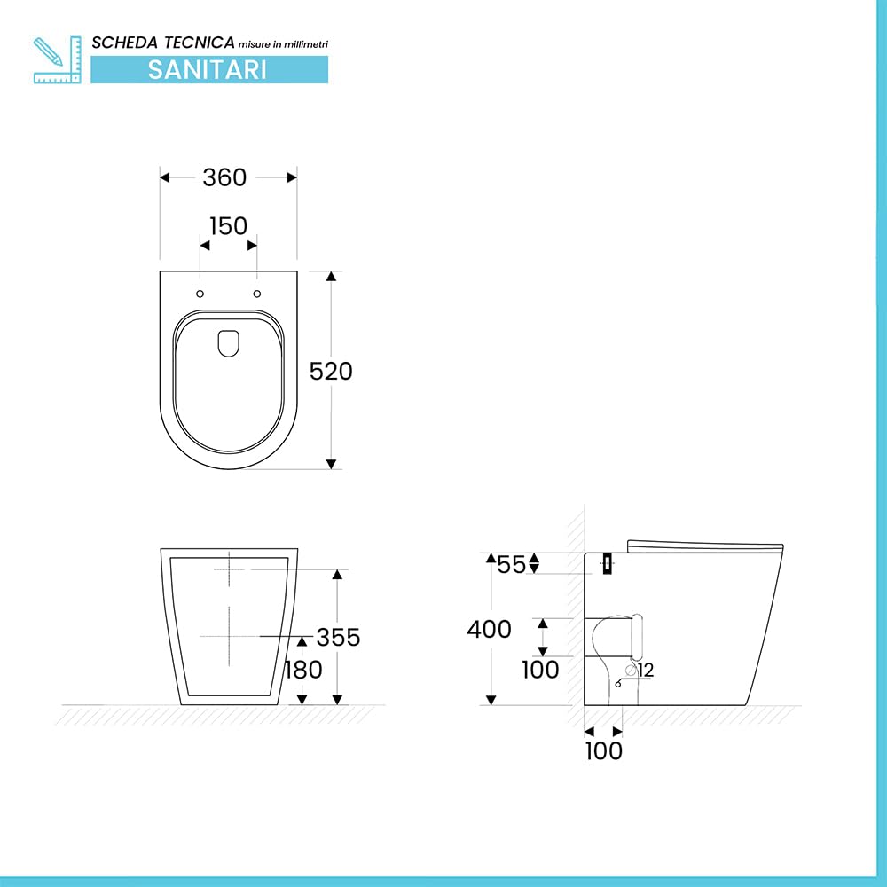 Coppia Sanitari Filomuro Serie Ukra WC E Bidet In Ceramica Bianco Tecnologia Rimless Per Igiene Totale Completi Di Copriwc Soft-Close