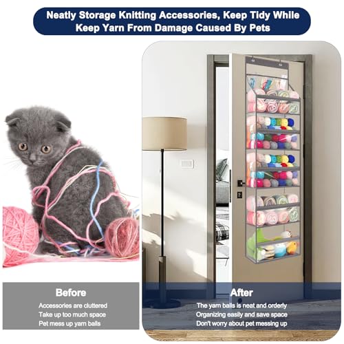 Image of Katech Hanging Yarn Storage Organizer, Large Capacity Knitting Organizer Storage with 5 Transparent Compartments 3 Pocket for Yarns Enthusiasts, Over The Door Storage Bag for Crochet Hooks Yarn Balls
