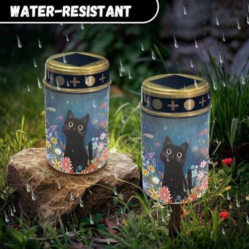 Image of Outdoor Solar Lights, Cat and Flowers Print Waterproof Garden Lamp Flameless Candle Automatically Solar Path Light for Yard Cemetery Grave Walkway