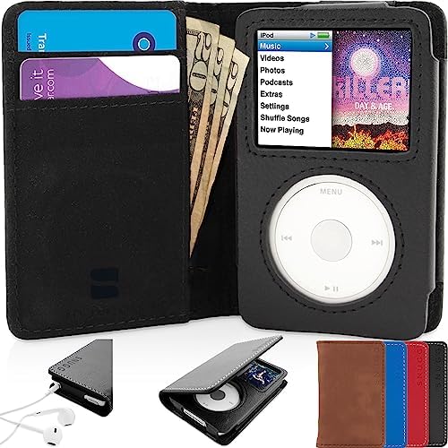 Snugg iPod Classic Case, Black Leather Flip Case [Card Slots] Executive Apple iPod Classic Wallet Case Cover and Stand Legacy Series