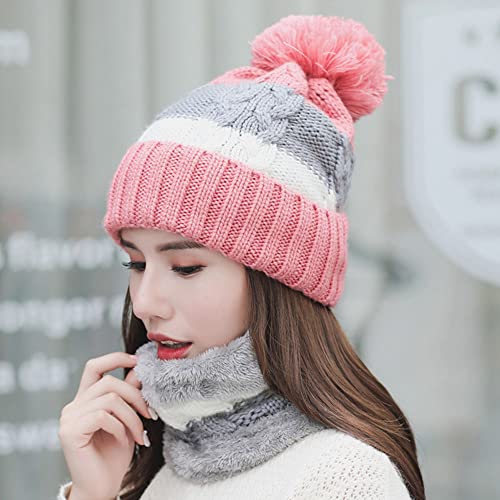 Db11 Womens Winter Beanies Scarf Set Colorblock Hand Knitted Hat With Pom (Pink), One Size #TOP6