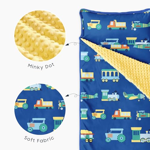 Image of Wake In Cloud - Toddler Nap Mat with Pillow and Minky Fleece Blanket, for Kids Boys Ages 3 Plus in Daycare Preschool Kindergarten, Roll Up Sleeping Bag, Planes Trains Trucks