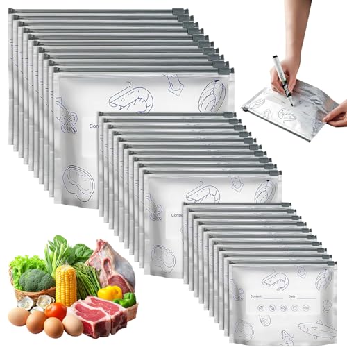 JDCMEI 30 Pcs Freezer Bags, Aluminium Foil Storage Bags, Reusable Fresh Storage Bags, Vacuum Zipper Pouches in 3 Sizes for Meat, Fruit and Vegetable Snacks