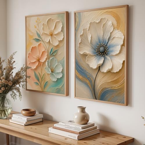 Image of NoWorries Floral Wall Painting Set of 2 with Frame | Premium White Peach & Blue Flower Botanical Artwork, Elegant Nature Wall Decor for Living Room, Bedroom, Office and Home Decoration (Art-7, 21x31inch)