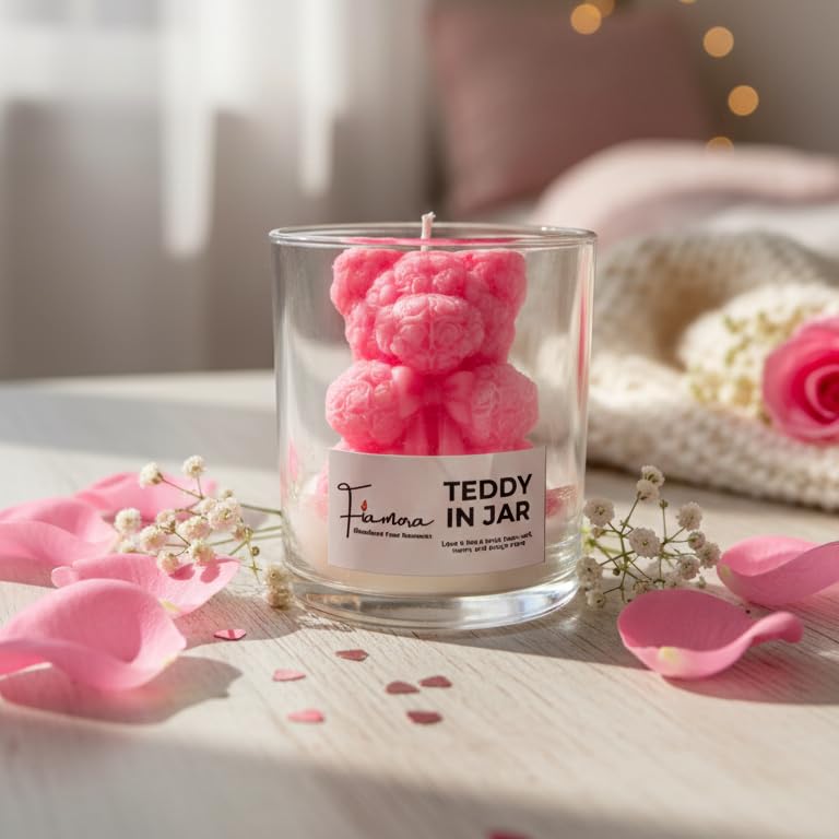 Image of Adorable Pink Teddy Bear Scented Jar Candle | 3D Bear with Heart in Glass | Classic Rose Fragrance | Hand-Poured Soy Wax | Perfect Diwali Gift, Birthday Gift for Girlfriend, Cute Home Decor