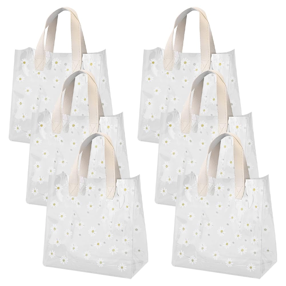 6 Pcs Daisy Print Gift Bags Clear Plastic Gift Tote Bags Bridal Shower Goodie Bags Cute Flower Present Bags Party Favor Bags for Wedding Birthday