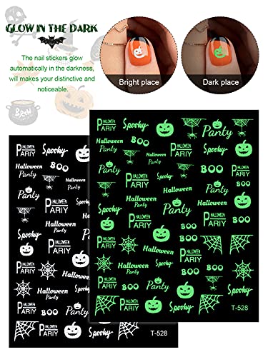 14 Blatt Halloween Leuchtend Nagelkunst-Aufkleber,TOROKOM Glow in Dark 3D Selbstklebende Halloween Kürbis Spinne Schädel… – Bild 3