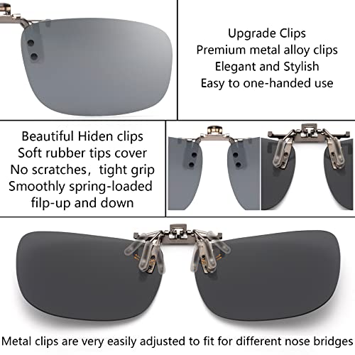 Image of CAXMAN Polarized Clip On Sunglasses Over Prescription Glasses or Reading Glasses for Men Women Flip Up Rimless Rectangle Lens Cover Eyeglasses, Silver Mirrored Lens, 57 * 36mm