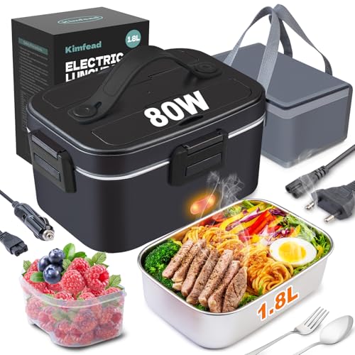 Kimfead Fiambrera Eléctrica 80W Acero Inoxidable 1,8 L Taper Electrico para Comida 12V/24V/230V, Calentador de Comida para Coche/Camión/Oficina, bolsa comida Trabajo(1.8L-Negro)