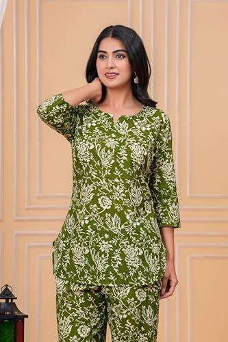 Image of MEERA FAB Women Printed V-Neck Pure Cotton Tunic with Trousers Co-Ords Set
