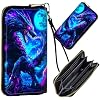 Womens Wristlet Wallets for Ladies, RFID Blocking Leather Zipper Handbag Clutch Purse Money Holder Organizer for Travel Shopping, Blue Moon Dragon