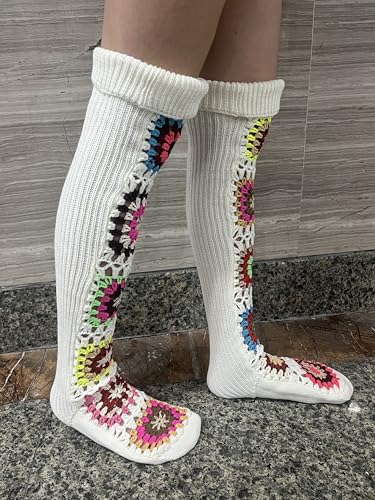 SherryDC Women's Hangmade Flower Cable Knit Thigh High Socks Over Knee High Long Leg Warmers3
