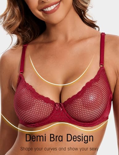 Image of Wingslove Women's Sexy 1 /2 Cup Lace Bra Balconette Mesh Underwired Demi Shelf Bra Unlined See Through Bralette