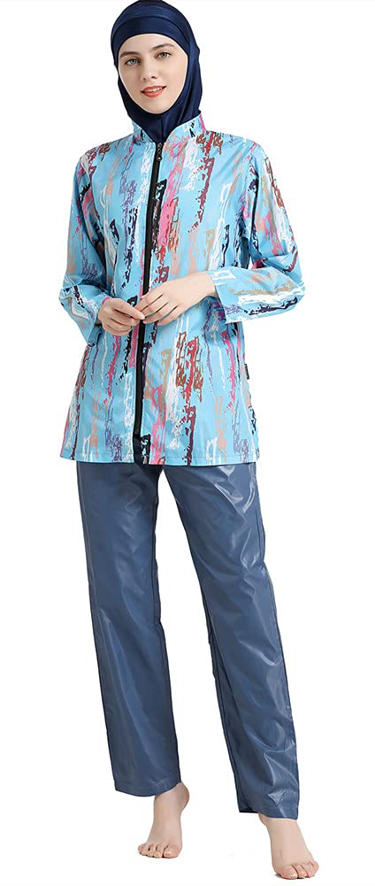 Modest Swimwear for Women Set Digital Printed 3 Piece Swimsuit Conservative Loose Zip Swimming Suit Beachwear Burkini (Blue, L)