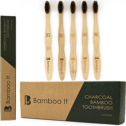 BAMBOO IT - Natural Biodegradable Bamboo Toothbrushes (5 Pack), Soft, BPA Free, Charcoal Bristles, Eco Friendly - 100% Organic and Vegan Safe for Adults