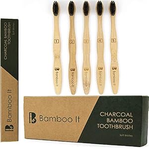 Natural Biodegradable Bamboo Toothbrushes (5 Pack), Soft, BPA Free, Charcoal Bristles, Eco Friendly – 100% Organic and Vegan Safe for Adults