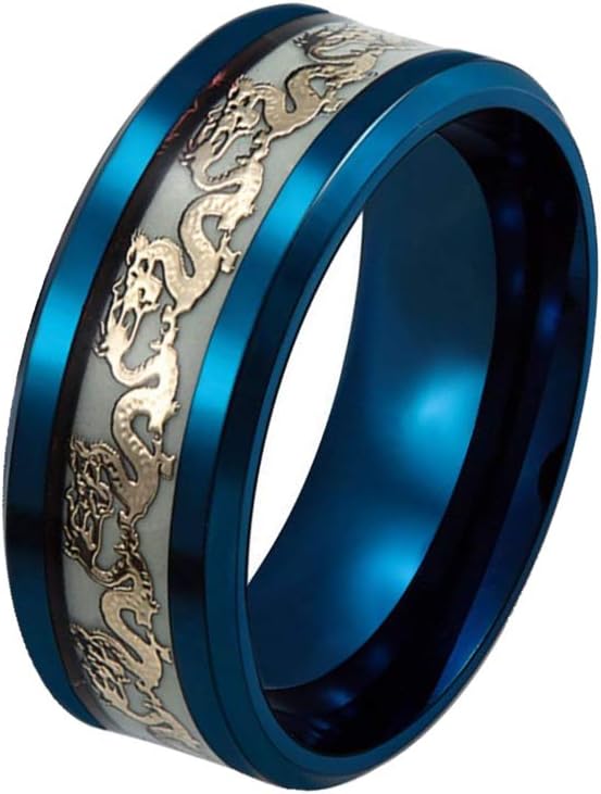ERLUERMen's 8mm Luminous Effect Rings Stainless Steel Dragon Pattern Band Ring for Women Glow in The Dark
