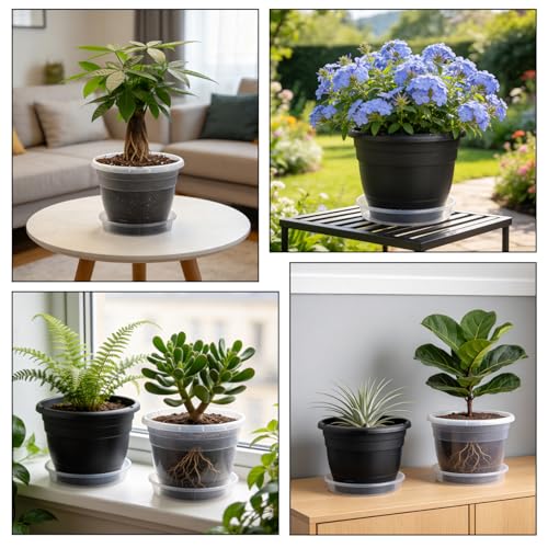 Image of RooTrimmer 10 Pack 8 Inch Clear Nursery Pots with Drainage Holes & Saucers