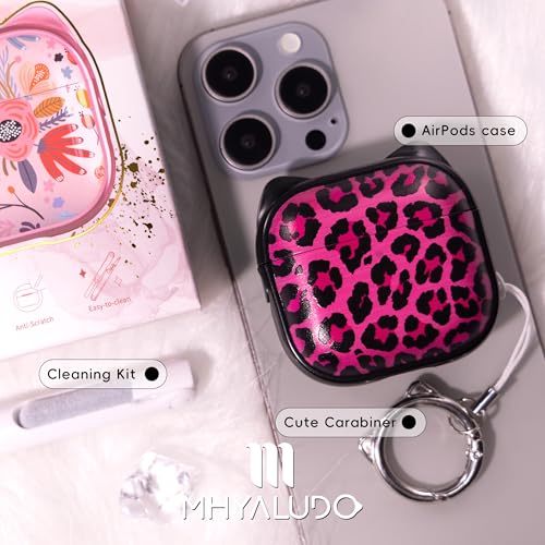 Image of for AirPods 4 Case with Cleaning Kit, Cute Cat Ear Print Design & Cute Buckle, Inverted Phone Holder Design, Top Safe Lock Buckle Design, for Girls AirPods 4 case 2024, Rose Leopard