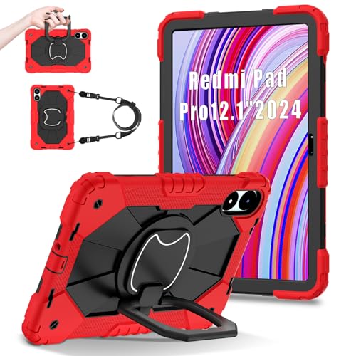 FONREST Funda portátil resistente para Xiaomi Poco Pad/Redmi Pad Pro 12.1'' 2024 con soporte giratorio/Anillo colgante de elevación con asa de cuerda híbrido, resistente, a prueba de golpes, cubierta