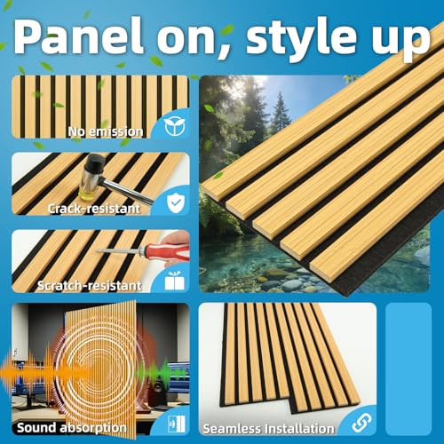 Image of Art3d 6-Pack Soundproof Wood Slat Wall Panel, 94.5 x 7.9 in, Bamboo-Hued