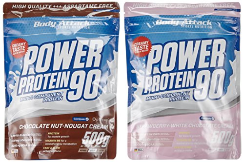 Body Attack Power Protein 90 Beutel 2er Mix Pack (2 x 500 g) Chocolate Nut- Nougat/Strawberry White, 1er Pack (1 x 1 kg)