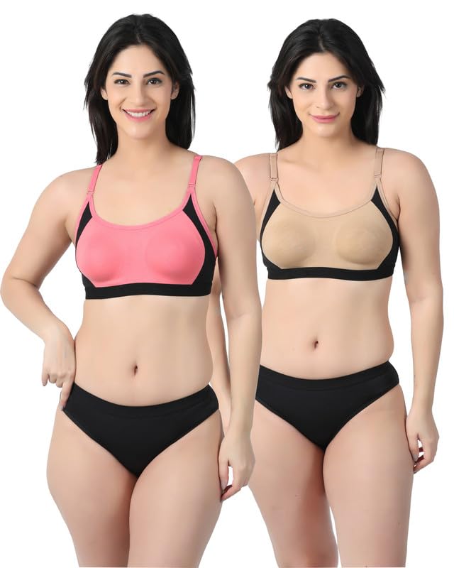 Sport Non Padded Bra Panty Set,Women's & Girl's Lingerie Set Full Coverage, Adjustable Strap,B Cup,Back Style-Slip On-image-42