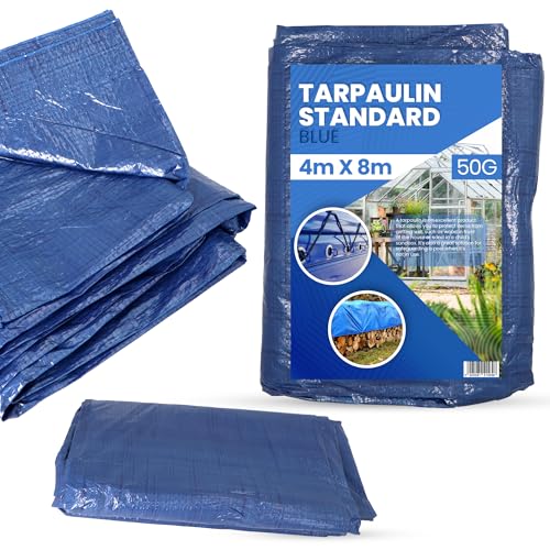 Bâche de Protection 4x8m PVC 50 g/m² Imperméable Extérieur en Tissu Industrielle Multifonction pour Meubles Camping Voiture étanche Multi-Usage Universelle