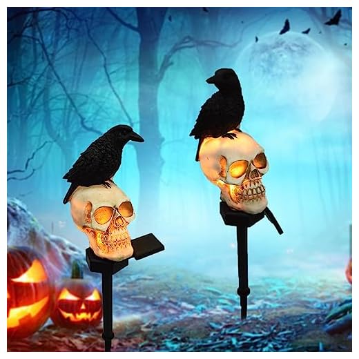 LAIAMER Halloween Decorations Outdoor Solar Scary Skull Lights,2PCS Skeleton Halloween Decor Outdoor Halloween Realistic Resin Crows Decor, Waterproof Solar Halloween Garden Lights for Yard Outside