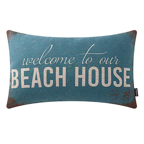 TRENDIN Welcome to Our Beach House Pillow Cover 20x12 Inch for Cabin Lodge Decor Couch Pillowcase Cotton Linen PL453TR